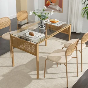 Boho Dining Table Chairs Set of 4, Tempered Glass Tabletop with Rattan Decor, Upholstered Cane Dining Chair