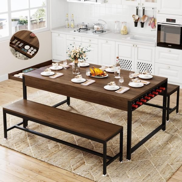 63" Dining Table Set for 4-6, 3-Piece Kitchen Table with 2 Utensil Drawers, 2 Benches & Wine Rack, Modern Space Saving