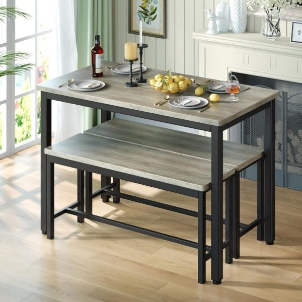 Dining Table Set for 4, 3-Piece Kitchen Table with 2 Benches, Space-Saving Dining Room Set for Breakfast Nook and Small Spaces, - Image 4