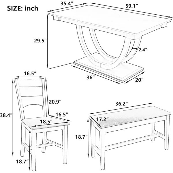 6 Pieces Wood Dining Table Set with Bench, Kitchen Table Set with Half Round Legs, Long Bench and 4 Dining Chairs - Image 2
