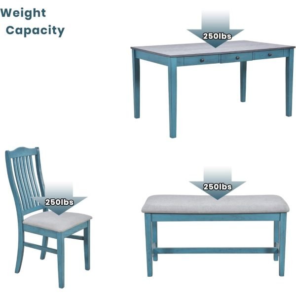 6 Piece Solid Wood Dining Table Set, Farmhouse Kitchen Table Set with 4 Upholstered Chairs, Bench and Storage Drawers, Antique B - Image 6