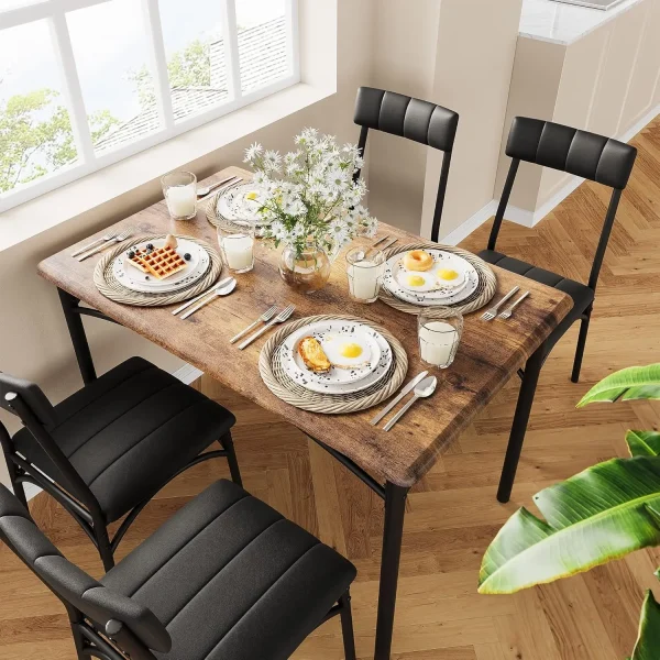 Kitchen Table and Chairs, Dining Room Table Set for 4 with Upholstered Chairs, Metal and Wood Rectangular Dining Table - Image 2