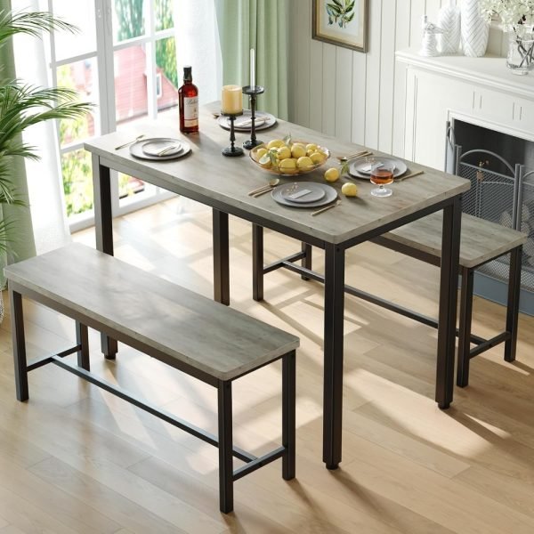 Dining Table Set for 4, 3-Piece Kitchen Table with 2 Benches, Space-Saving Dining Room Set for Breakfast Nook and Small Spaces,