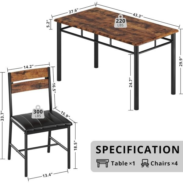 Dining Table Set for 4, Wood Kitchen Table with Upholstered Chairs for Kitchen Room and Small Spaces, Rustic Brown - Image 2