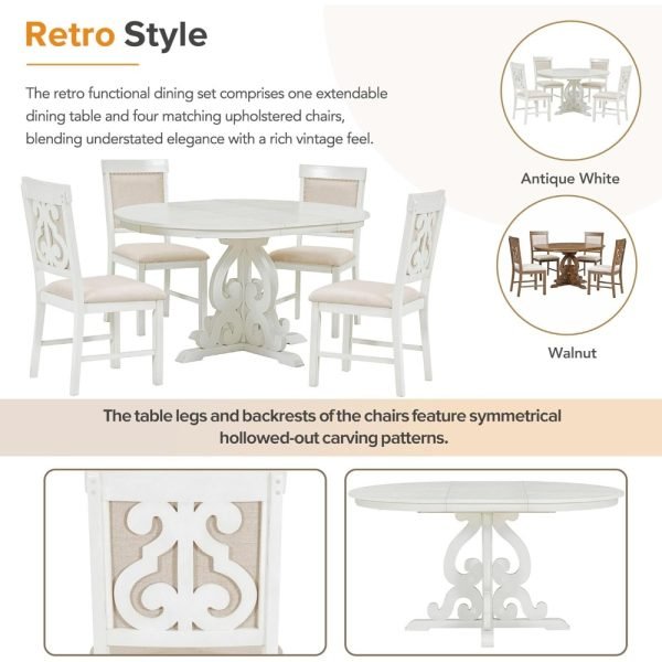 5 Piece Farmhouse Dining Table Set, Extendable Kitchen Table Set with 4 Upholstered Chairs, Solid Wood Table and Chairs Set for - Image 6