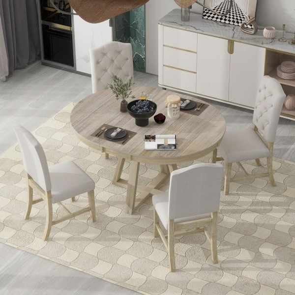 Extendable Dining Table Set for 4, 5-Piece Round Table Set with 4 Chairs, Circle Table with Upholstered Chairs, Oval Kitchen Ta - Image 11
