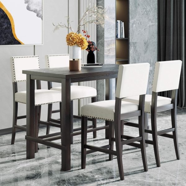 5 Piece Dining Table Set for 4,Counter Height Kitchen Table Set with One Rectangle Table and 4 Cushioned Chairs for 4 Persons D