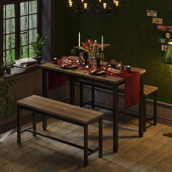 Dining Table Set for 4, 3-Piece Kitchen Table with 2 Benches, Space-Saving Dining Room Set for Breakfast Nook and Small Spaces, - Image 6