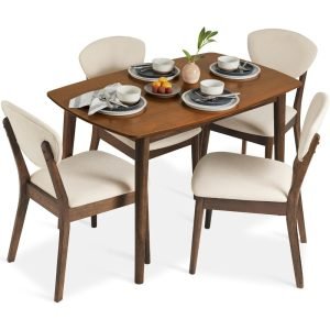 5-Piece Dining Set, Compact Mid-Century Modern Table & Chair Set for Home, Apartment w/ 4 Chairs, Padded Seats & Backrests, Woo