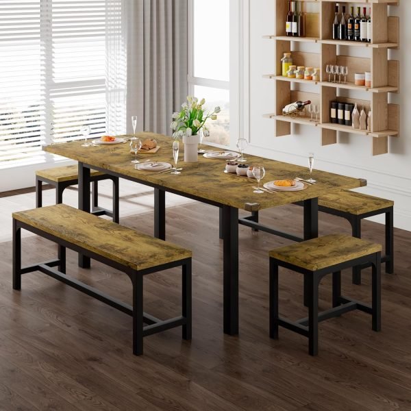 5-Piece Dining Table Set for 4-8 People, 63" Extendable Kitchen Table with 2 Benches and 2 Square Stools, Mid-Century Modern Wo - Image 9