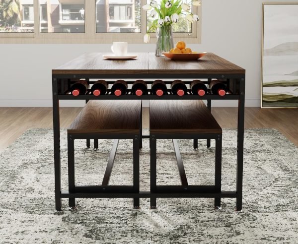 63" Dining Table Set for 4-6, 3-Piece Kitchen Table with 2 Utensil Drawers, 2 Benches & Wine Rack, Modern Space Saving - Image 6