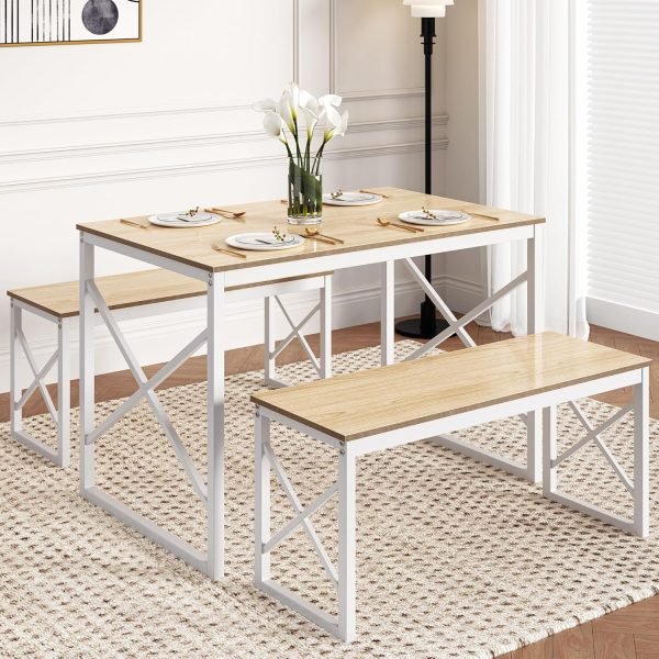 Kitchen Table with 2 Benches for 4, 43.3'' Wood Dining Room Dinette Sets with X Metal Frame for Breakfast Nook and Small Space, - Image 10