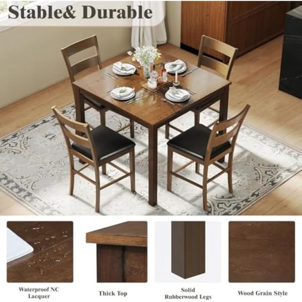 5-Piece Dining Table Set with 4 Chairs, Mid Century Modern Kitchen Table and Chairs Set with Rubberwood Legs & PU Cushion, Compa - Image 3