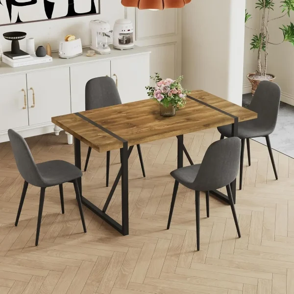Kitchen Table Chairs Set of 4, Modern 55'' Dark Wood Dining Table and Fabric Dining Chairs Set of 4,Dining Table Set for 4 - Image 3