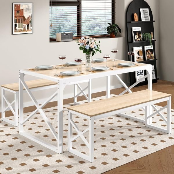 Kitchen Table with 2 Benches for 4, 43.3'' Wood Dining Room Dinette Sets with X Metal Frame for Breakfast Nook and Small Space, - Image 11