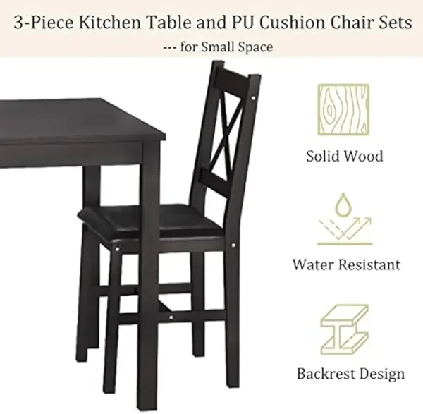 Kitchen 3 Piece Dining Table Set Sturdy Wooden Square Table and Chair Breakfast Table Set for 2 Person, Small Dining, Brown - Image 2