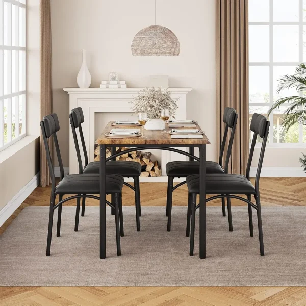 Kitchen Table and Chairs, Dining Room Table Set for 4 with Upholstered Chairs, Metal and Wood Rectangular Dining Table - Image 4