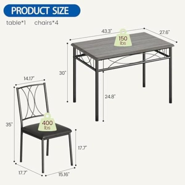Dining Set for 4, Kitchen Table with 4 Upholstered Chairs, 5 PCS Small Dining Table Set, Dining Room Table with Solid Metal Fram - Image 2