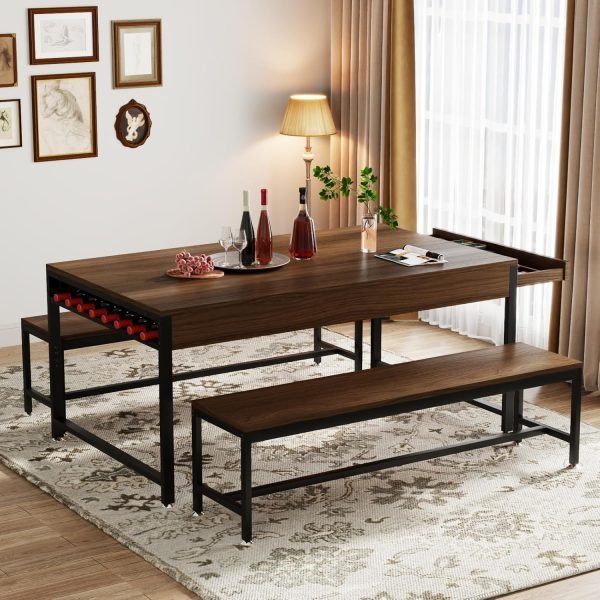 63" Dining Table Set for 4-6, 3-Piece Kitchen Table with 2 Utensil Drawers, 2 Benches & Wine Rack, Modern Space Saving - Image 4