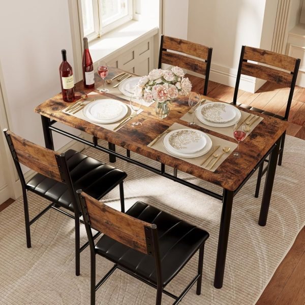 Dining Table Set for 4, Wood Kitchen Table with Upholstered Chairs for Kitchen Room and Small Spaces, Rustic Brown - Image 3