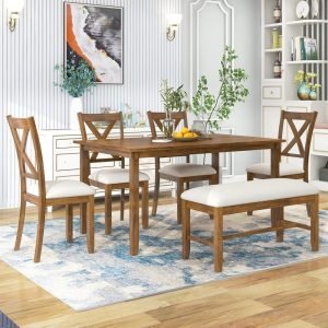 6 Piece Dining Table Set, Wooden Rectangular Kitchen Table and 4 Dining Chairs with Cushions and 1 Bench with Cushion, Wooden Ki