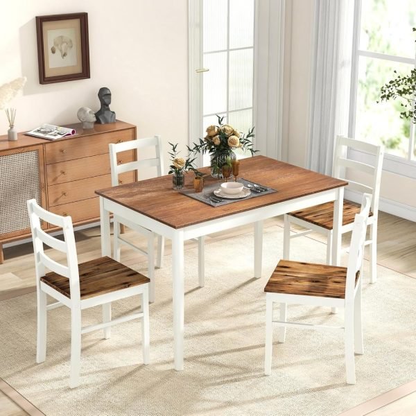 Dining Table Set for 4, Solid Wood, Farmhouse Dinette Set w/Rubber Wood Legs, Mid-Century Modern Dining Table and Chairs Set fo - Image 2