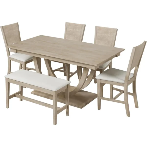 6 Pieces Wood Dining Table Set with Bench, Kitchen Table Set with Half Round Legs, Long Bench and 4 Dining Chairs - Image 5