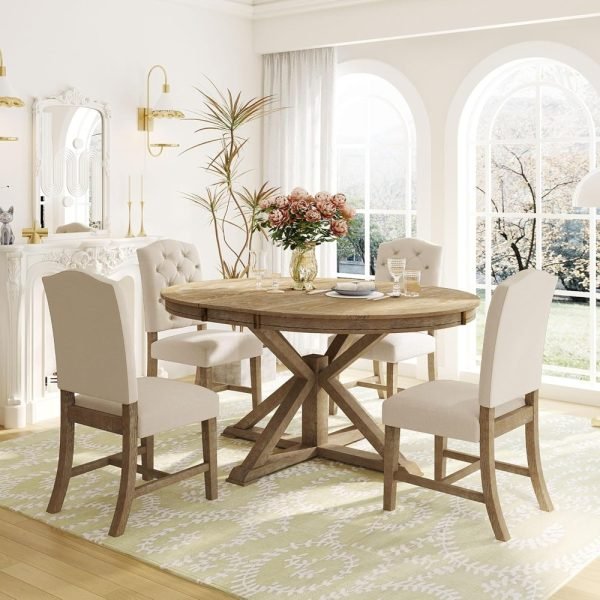 Extendable Dining Table Set for 4, 5-Piece Round Table Set with 4 Chairs, Circle Table with Upholstered Chairs, Oval Kitchen Ta - Image 5