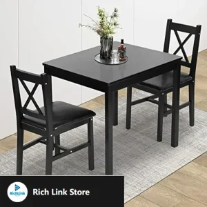 Kitchen 3 Piece Dining Table Set Sturdy Wooden Square Table and Chair Breakfast Table Set for 2 Person, Small Dining, Brown