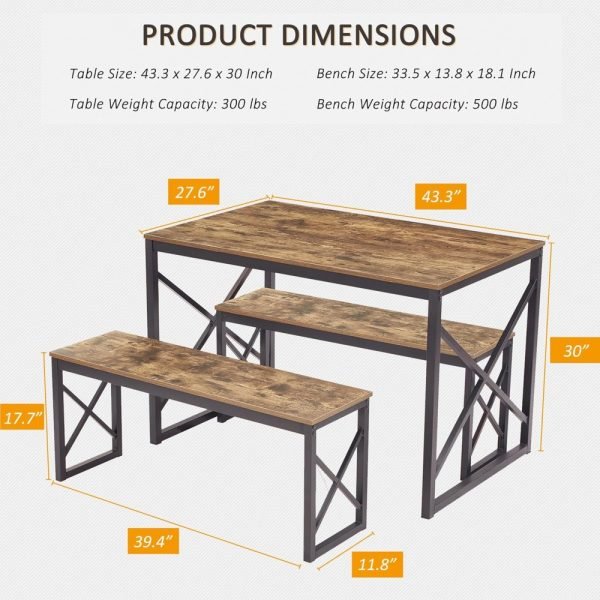 Kitchen Table with 2 Benches for 4, 43.3'' Wood Dining Room Dinette Sets with X Metal Frame for Breakfast Nook and Small Space, - Image 4
