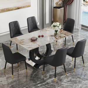 63" Dining Room Table Set for 6, Modern Dining Table Set for 6, Faux Marble Dining Top with OC Shaped Leg Metal Base Table