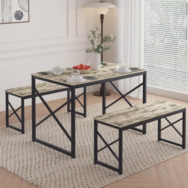 Kitchen Table with 2 Benches for 4, 43.3'' Wood Dining Room Dinette Sets with X Metal Frame for Breakfast Nook and Small Space, - Image 9