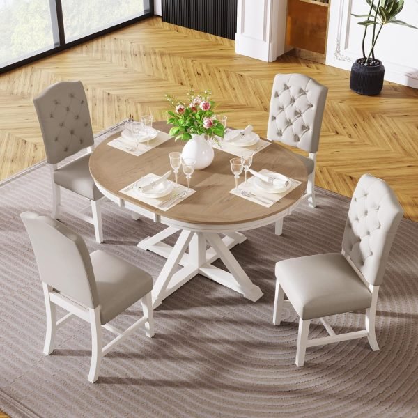 Extendable Dining Table Set for 4, 5-Piece Round Table Set with 4 Chairs, Circle Table with Upholstered Chairs, Oval Kitchen Ta - Image 12