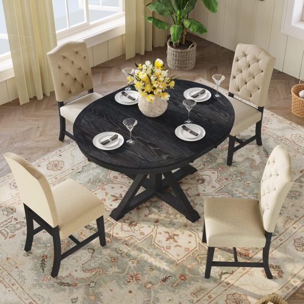 Extendable Dining Table Set for 4, 5-Piece Round Table Set with 4 Chairs, Circle Table with Upholstered Chairs, Oval Kitchen Ta - Image 9