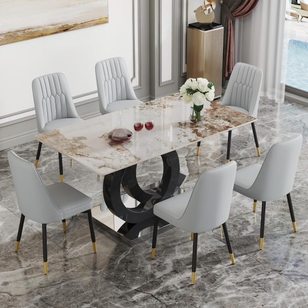 63" Dining Room Table Set for 6, Modern Dining Table Set for 6, Faux Marble Dining Top with OC Shaped Leg Metal Base Table - Image 9
