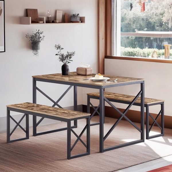 Kitchen Table with 2 Benches for 4, 43.3'' Wood Dining Room Dinette Sets with X Metal Frame for Breakfast Nook and Small Space, - Image 12