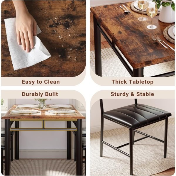 Dining Table Set for 4, Wood Kitchen Table with Upholstered Chairs for Kitchen Room and Small Spaces, Rustic Brown - Image 6