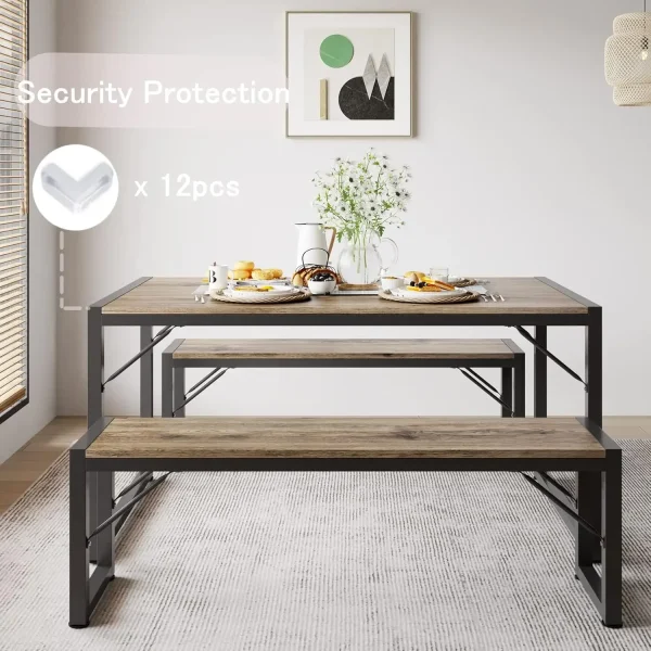 45.5" Dining Table Set for 4, Kitchen Table Set with 2 Benches, Dining Room Table Set with Metal Frame & MDF Board, Space-Savin - Image 3