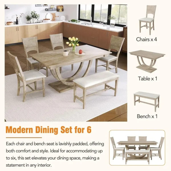 6 Pieces Wood Dining Table Set with Bench, Kitchen Table Set with Half Round Legs, Long Bench and 4 Dining Chairs - Image 6